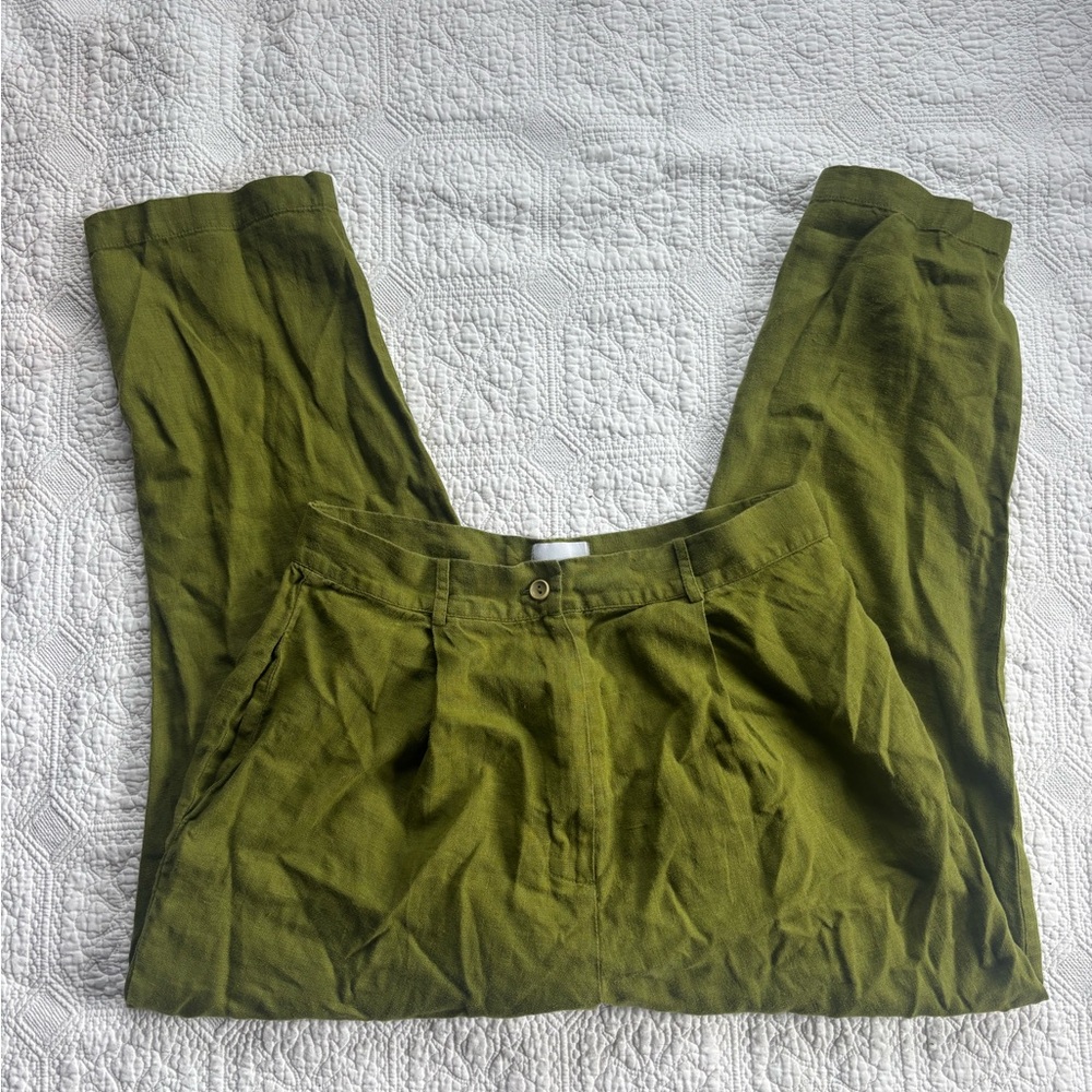 Offon Olive Green Linen-Blend Wide Leg Pants